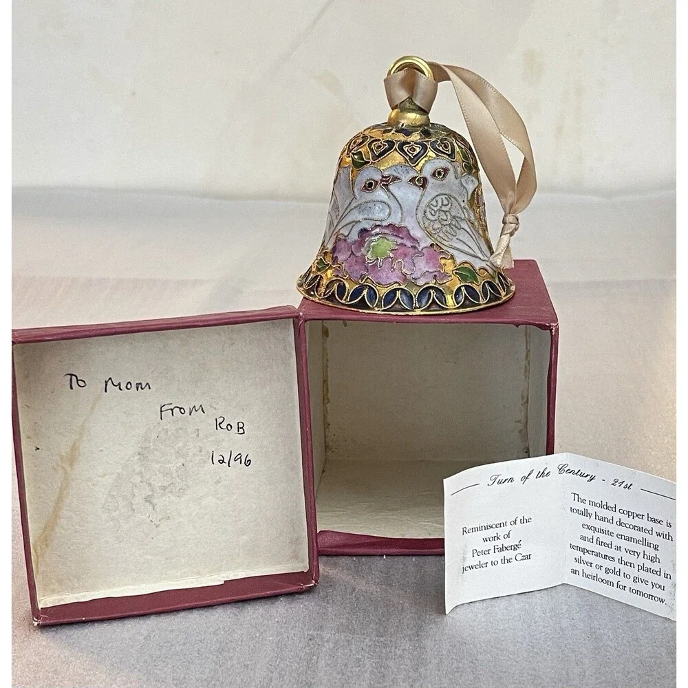 Cloisonne Enamel Bell Floral Dove NYCO Victorian Style Box & Card 3